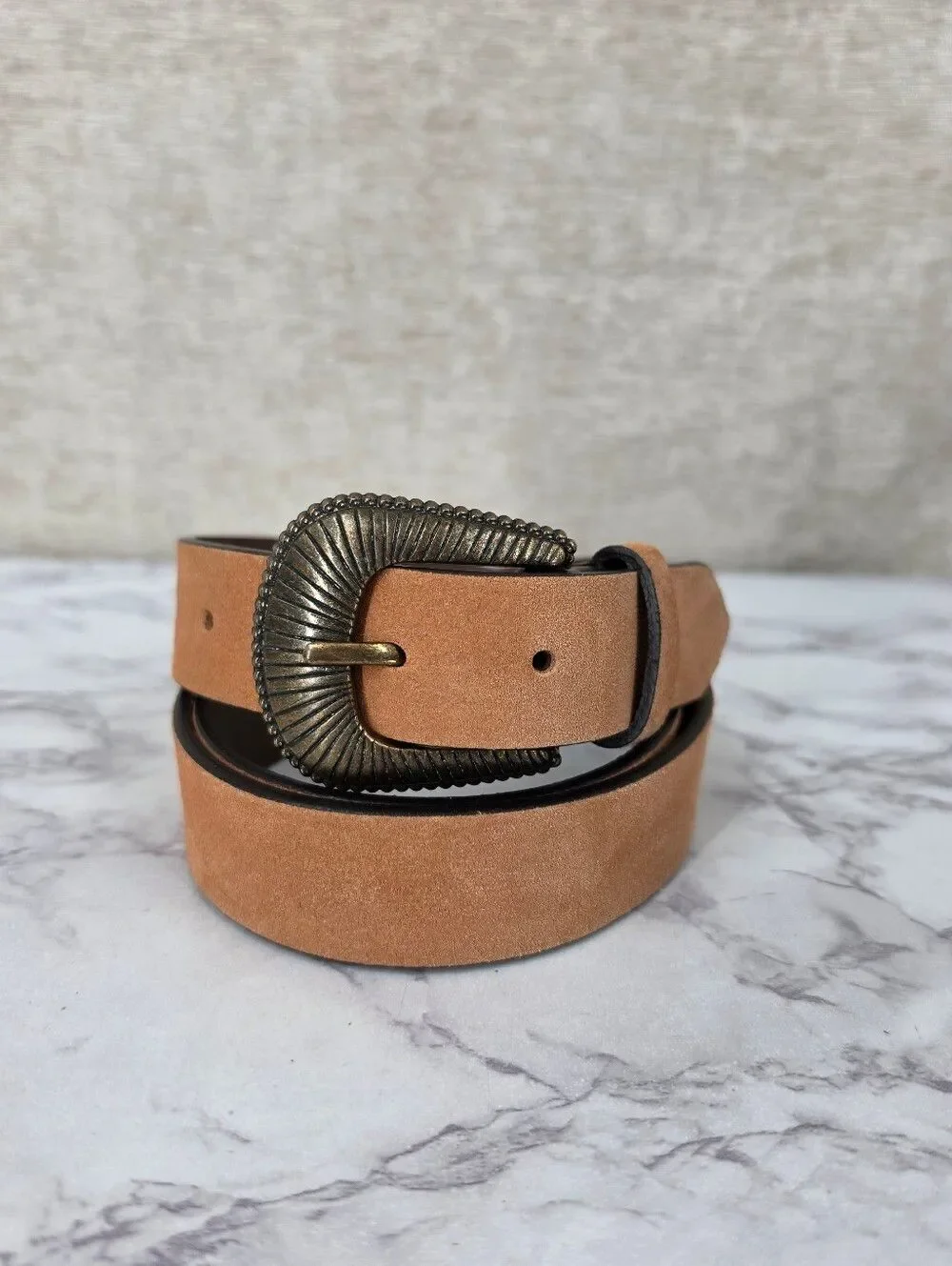 Tan Suede Leather Belt with Antiqued Brass Tone Buckle